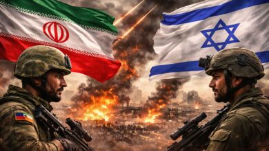 Iran Israel tensions 2026 soldiers facing each other with flags and war background