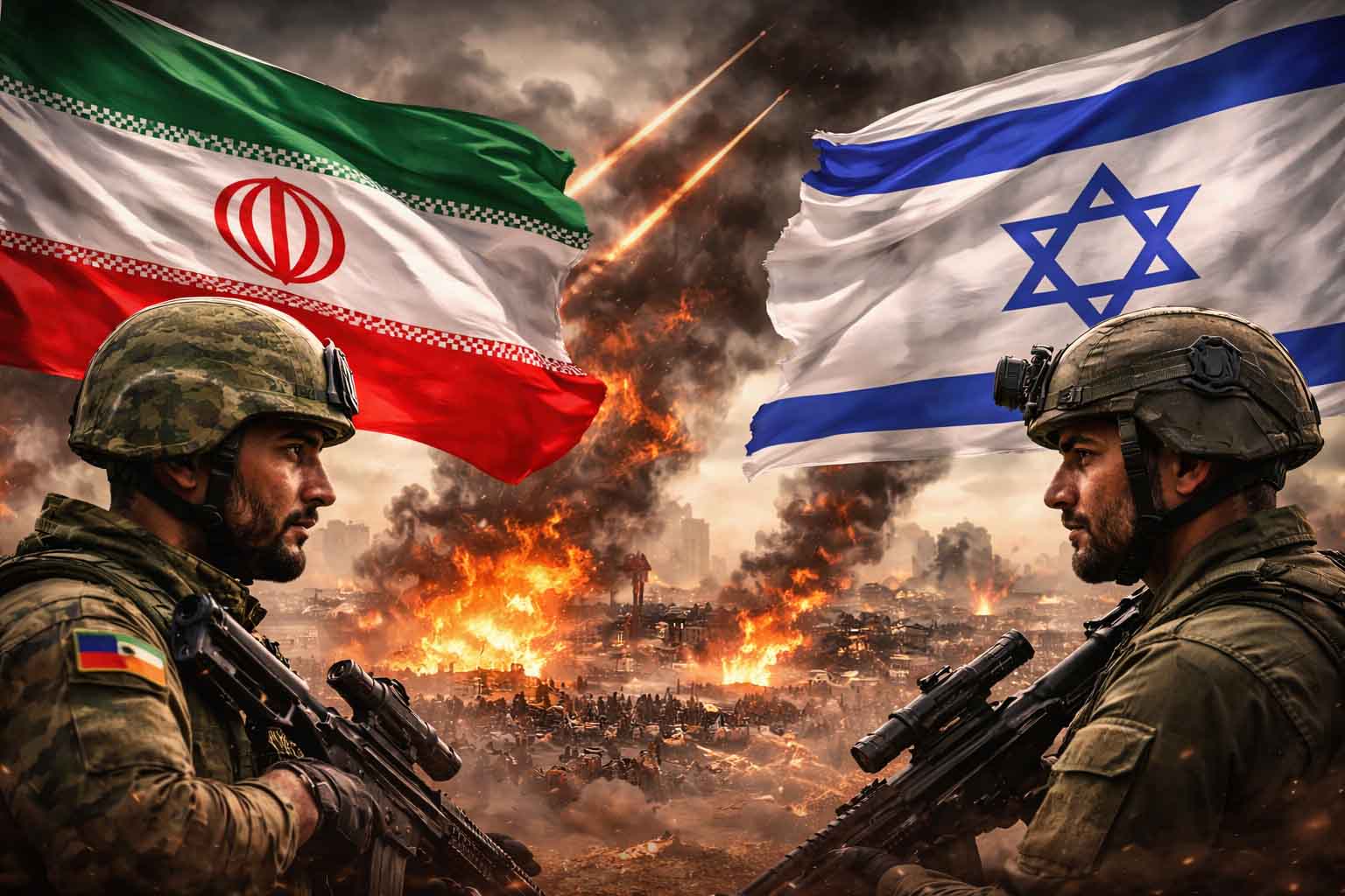 Iran Israel tensions 2026 soldiers facing each other with flags and war background