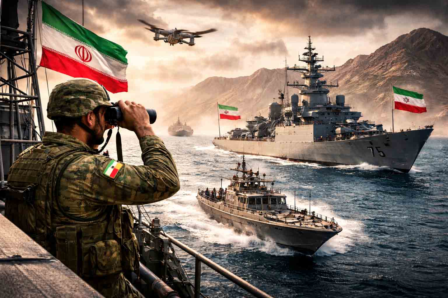Iran Strait of Hormuz security 2026 naval patrol ships and surveillance drone monitoring oil route