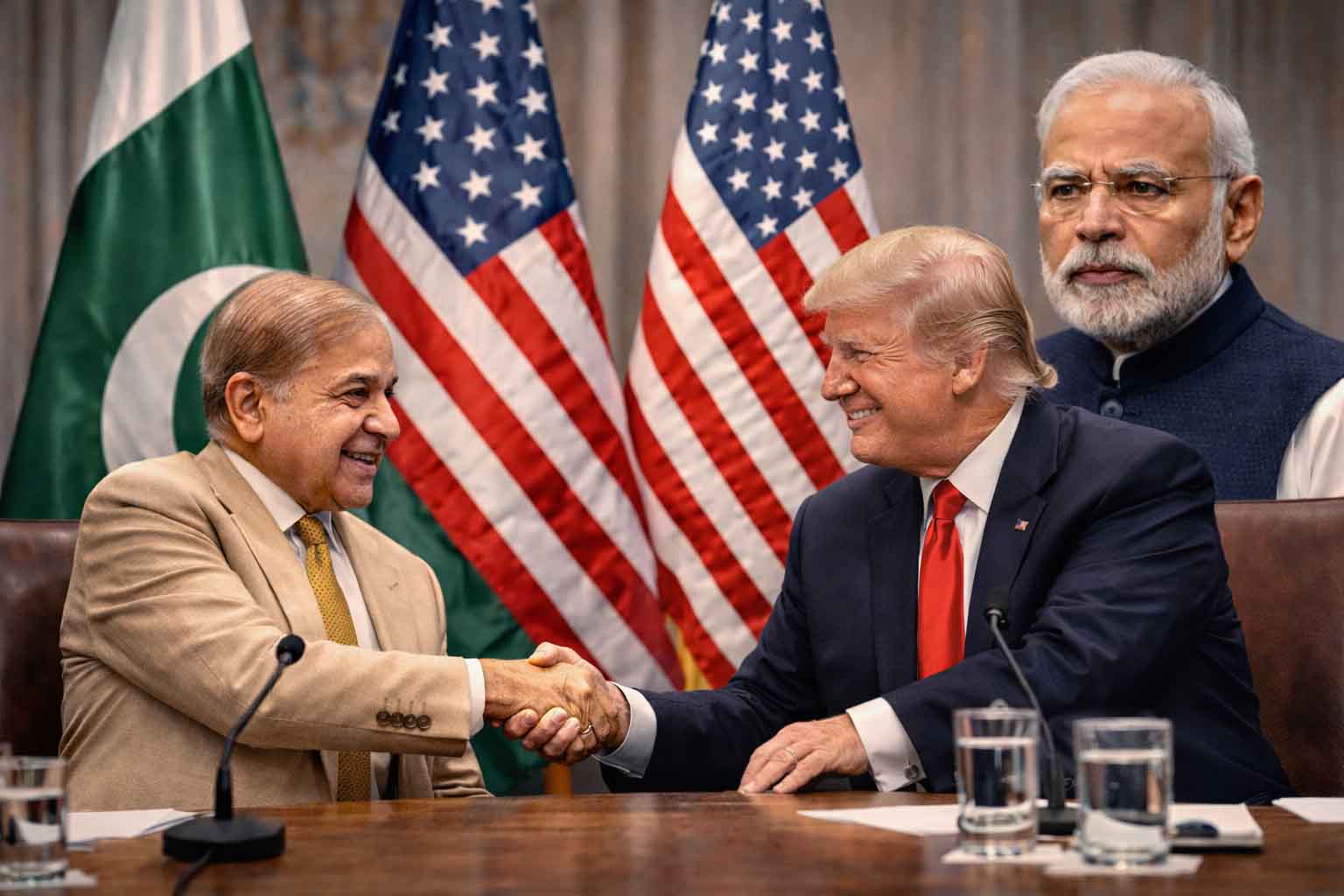 US Pakistan relations 2026 meeting Donald Trump Shehbaz Sharif handshake with Narendra Modi in background