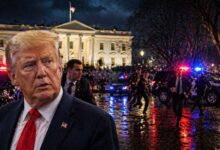 White House dinner shooting 2026 showing Donald Trump with Secret Service and police response outside White House at night