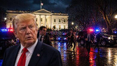 White House dinner shooting 2026 showing Donald Trump with Secret Service and police response outside White House at night