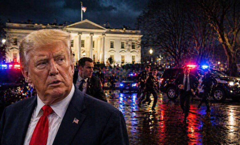 White House dinner shooting 2026 showing Donald Trump with Secret Service and police response outside White House at night