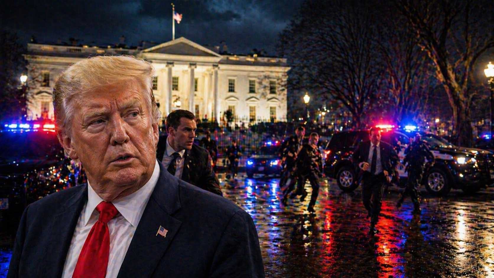 White House dinner shooting 2026 showing Donald Trump with Secret Service and police response outside White House at night
