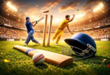 Professional cricket match scene with batsman hitting shot and bowler delivering ball in stadium
