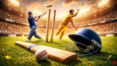 Professional cricket match scene with batsman hitting shot and bowler delivering ball in stadium