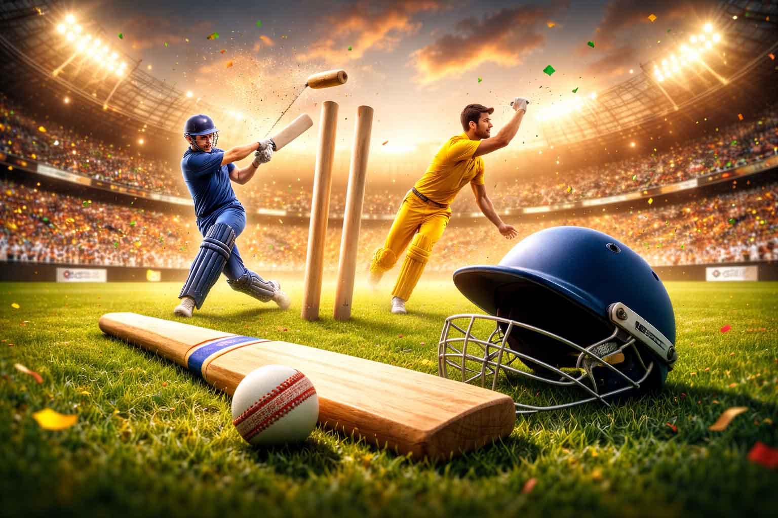 Professional cricket match scene with batsman hitting shot and bowler delivering ball in stadium