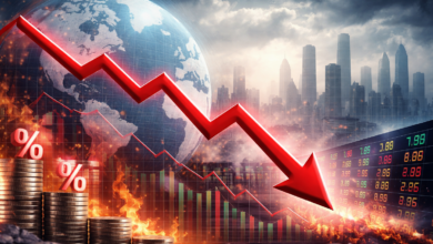 global economic slowdown 2026 showing falling stock market graph, world economy crisis, inflation impact and global financial decline