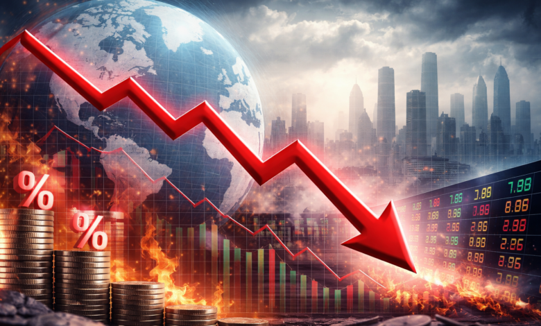 global economic slowdown 2026 showing falling stock market graph, world economy crisis, inflation impact and global financial decline