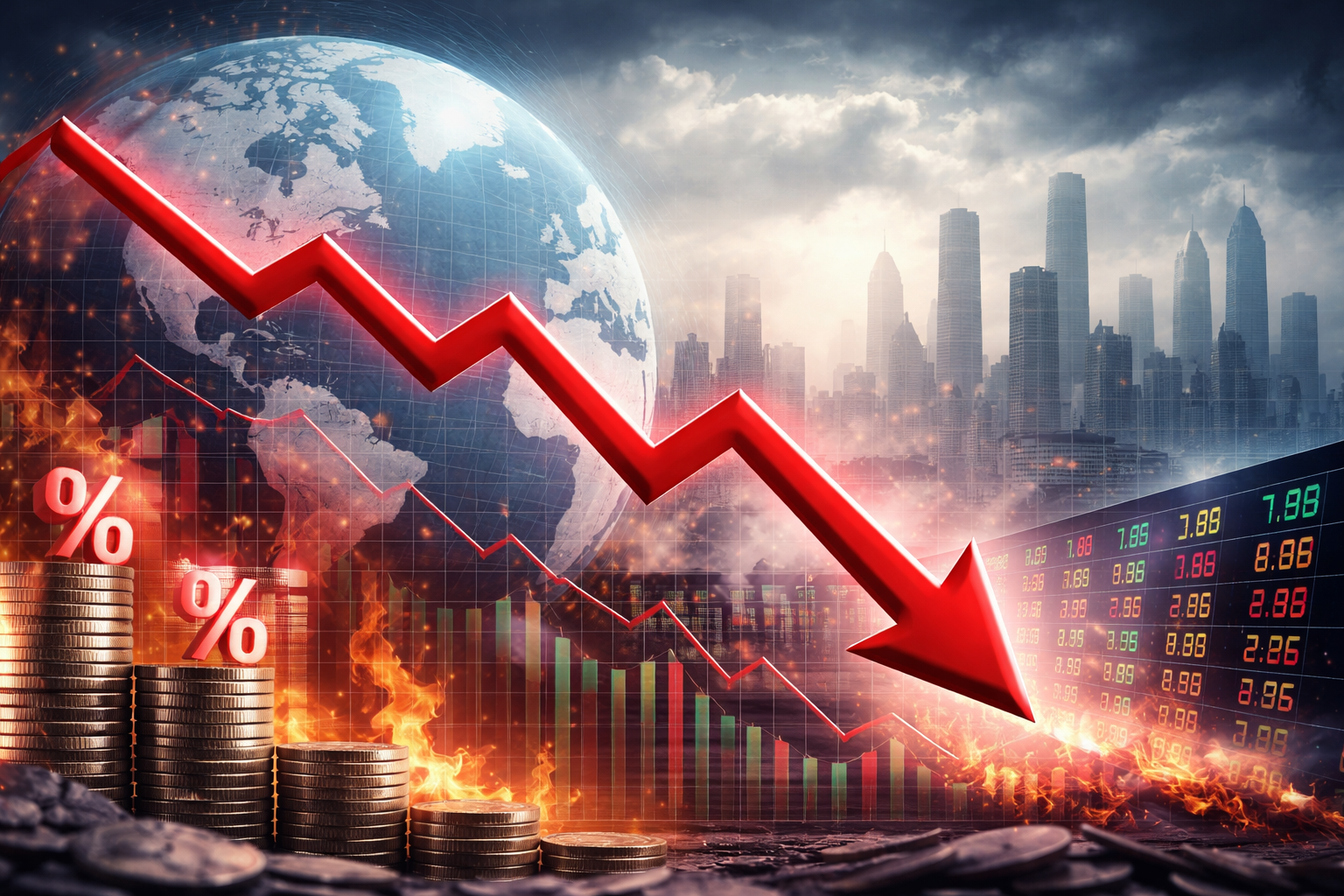 global economic slowdown 2026 showing falling stock market graph, world economy crisis, inflation impact and global financial decline