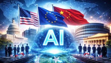 Global AI regulation 2026 with Pakistan US China EU flags and digital technology concept