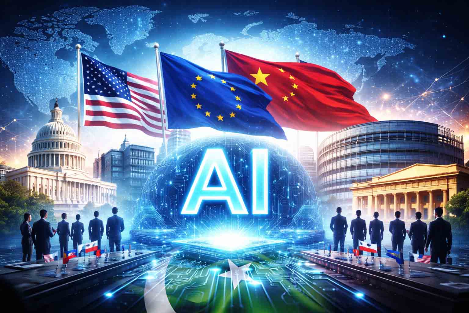 Global AI regulation 2026 with Pakistan US China EU flags and digital technology concept