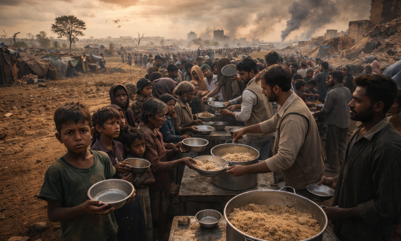 Global food crisis 2026 people receiving food aid during shortage