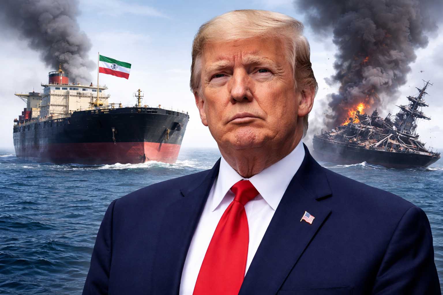 Donald Trump with oil tanker and burning warship in background symbolizing Iran oil blockade crisis and Middle East geopolitical tensions