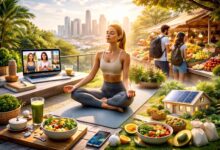 Global Lifestyle Trends 2026 with yoga, healthy food, and modern digital living