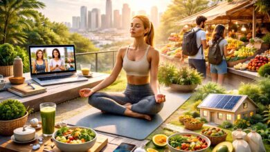 Global Lifestyle Trends 2026 with yoga, healthy food, and modern digital living