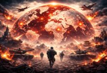 global war tensions 2026 showing military conflict, explosions and world map crisis situation