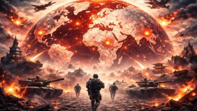 global war tensions 2026 showing military conflict, explosions and world map crisis situation