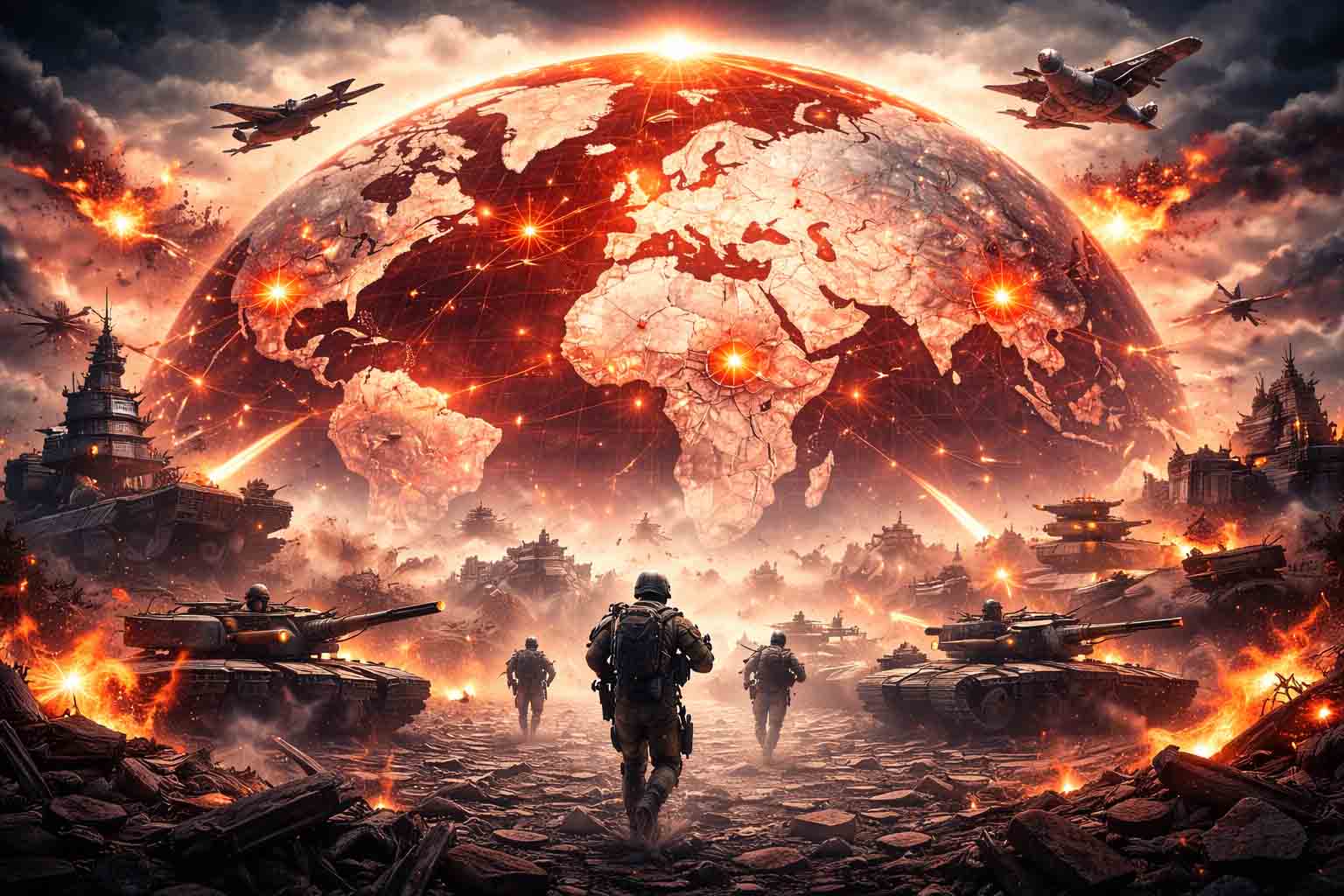 global war tensions 2026 showing military conflict, explosions and world map crisis situation