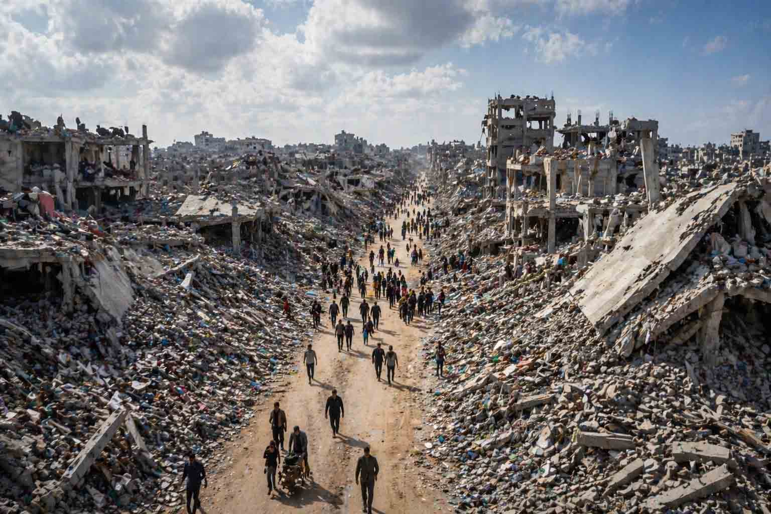 Gaza reconstruction cost 2026 showing damaged buildings and infrastructure after conflict in Gaza Strip
