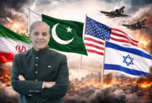 Pakistan mediates Iran Israel US tensions with flags and war scene background