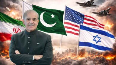 Pakistan mediates Iran Israel US tensions with flags and war scene background