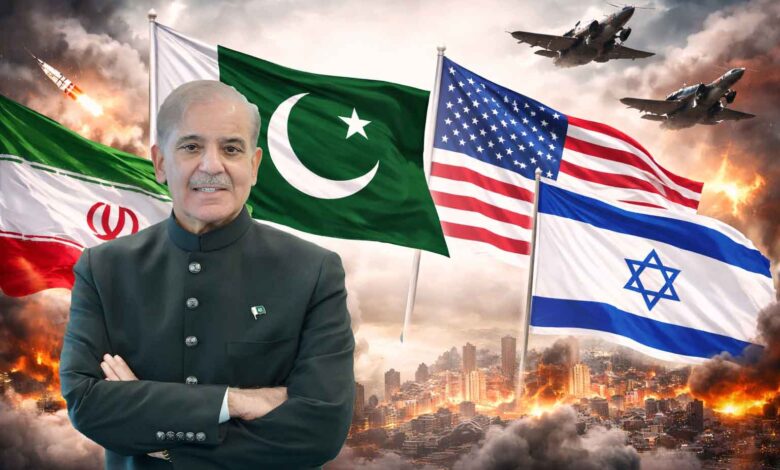Pakistan mediates Iran Israel US tensions with flags and war scene background