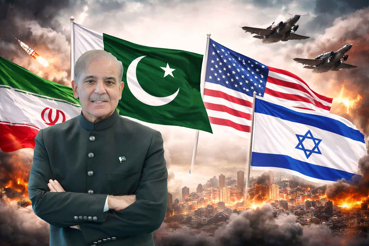 Pakistan mediates Iran Israel US tensions with flags and war scene background