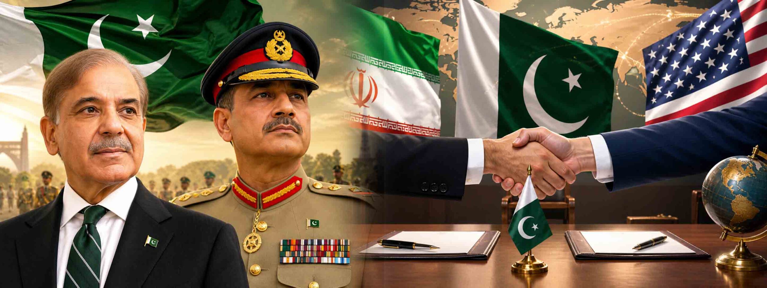 Pakistan Iran US talks 2026 showing diplomatic handshake with flags of Pakistan Iran and USA along with Shehbaz Sharif and Field Marshal Asim Munir in background