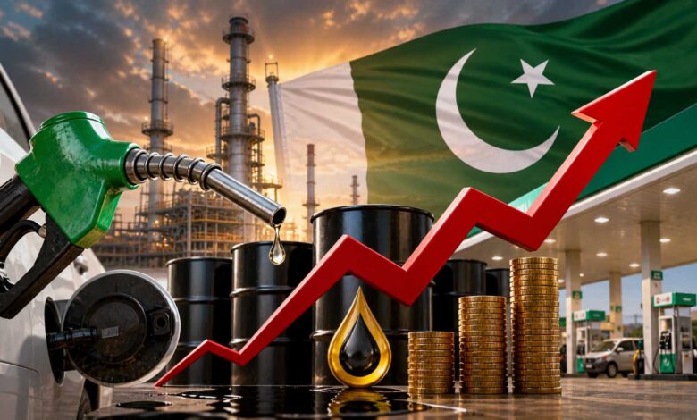Petrol price hike Pakistan 2026 showing fuel station and rising oil prices