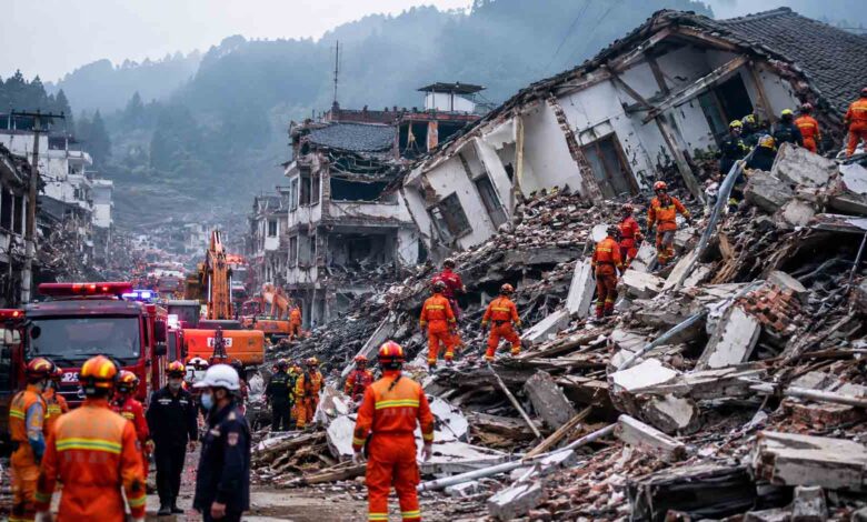 China Guangxi earthquake 2026 showing collapsed buildings and rescue operations after a strong quake