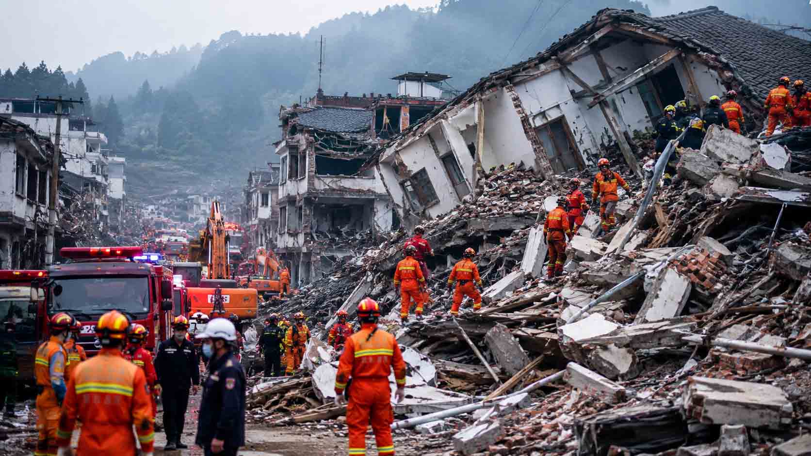 China Guangxi earthquake 2026 showing collapsed buildings and rescue operations after a strong quake