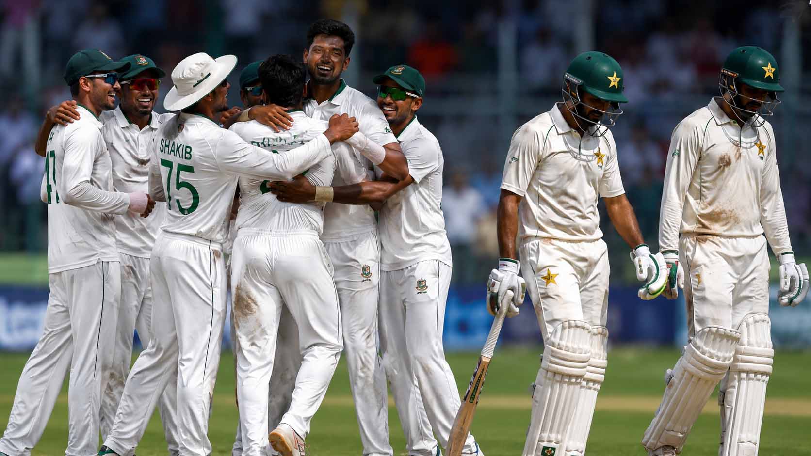 Bangladesh vs Pakistan Test series 2026 showing Bangladesh players celebrating historic Sylhet victory