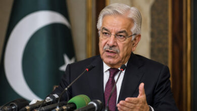 Pakistan Defence Minister Khawaja Asif speaking to media about regional diplomacy and peace efforts