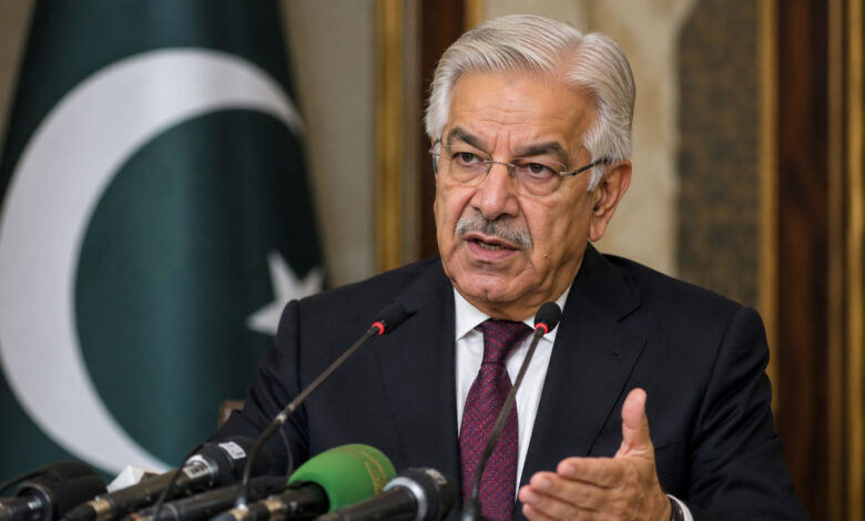 Pakistan Defence Minister Khawaja Asif speaking to media about regional diplomacy and peace efforts