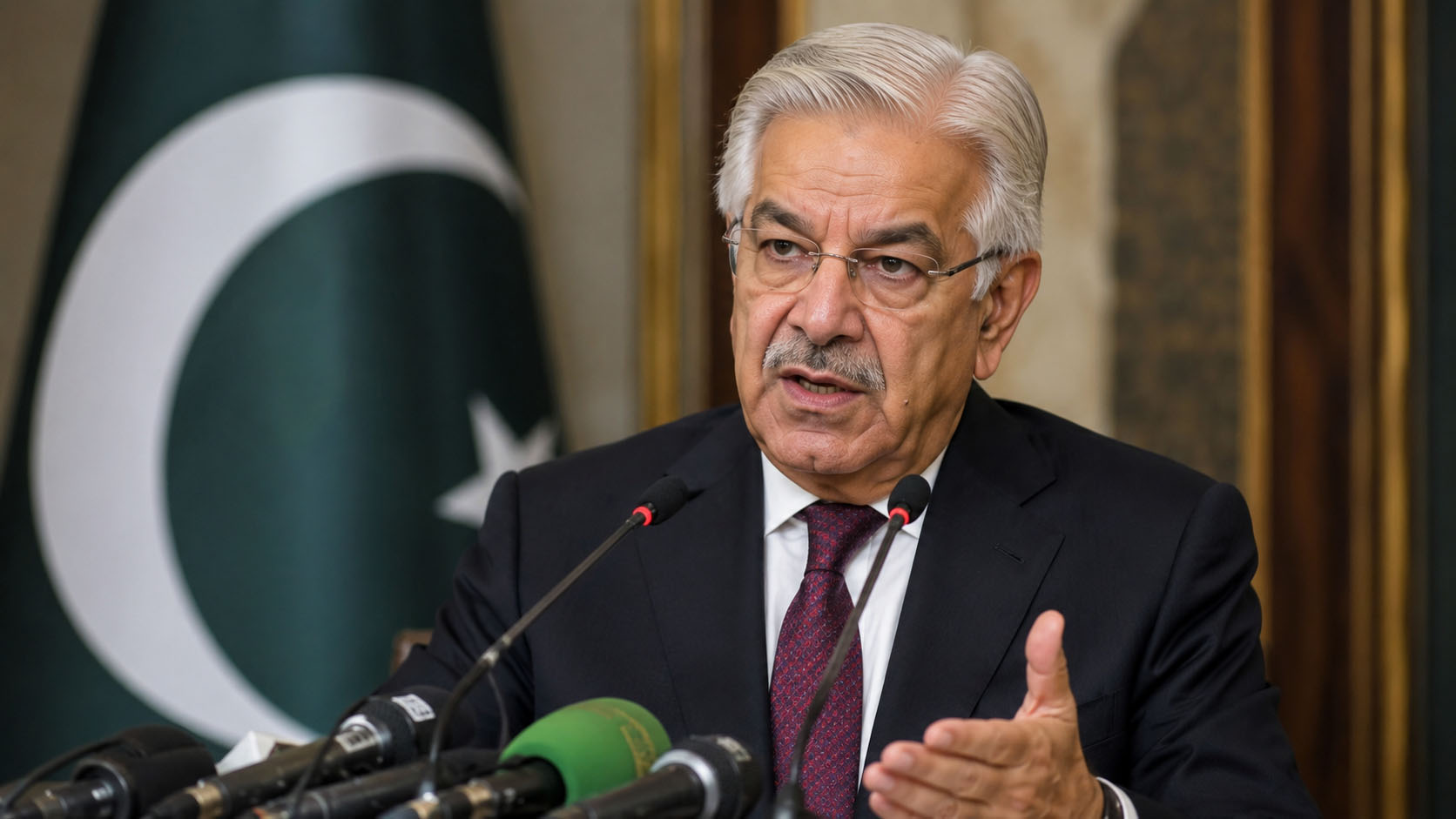 Pakistan Defence Minister Khawaja Asif speaking to media about regional diplomacy and peace efforts