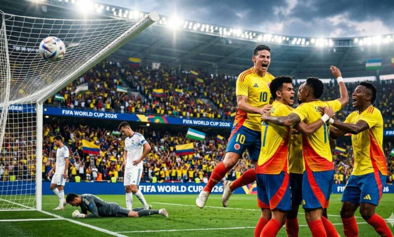 Colombia players celebrate during FIFA World Cup 2026 victory over Uzbekistan