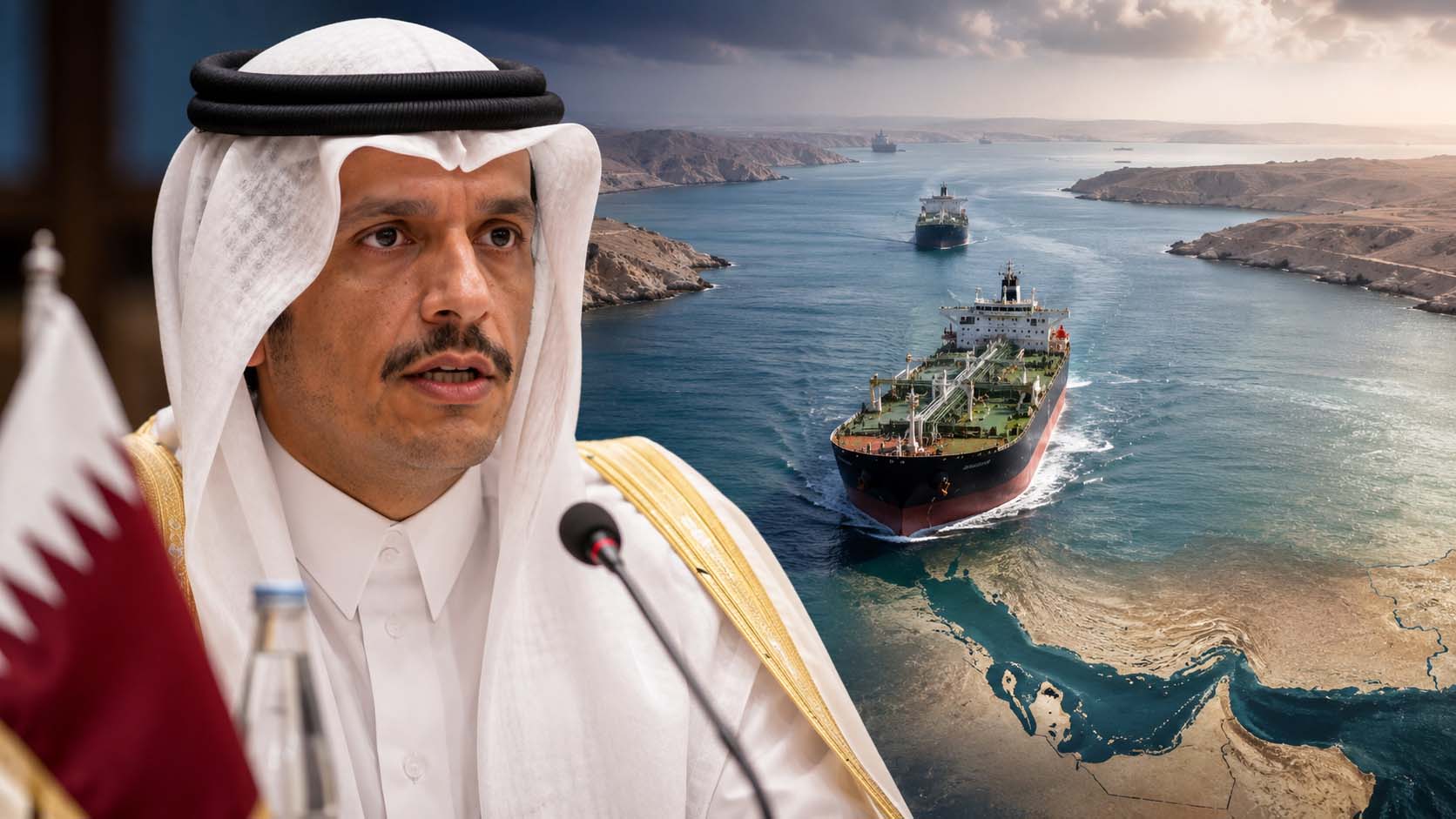 Qatari Prime Minister discussing maritime security and the Strait of Hormuz during an international interview