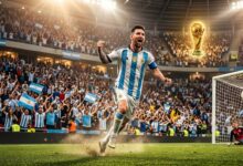 Lionel Messi celebrating after scoring a historic goal during the FIFA World Cup 2026