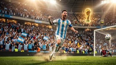 Lionel Messi celebrating after scoring a historic goal during the FIFA World Cup 2026