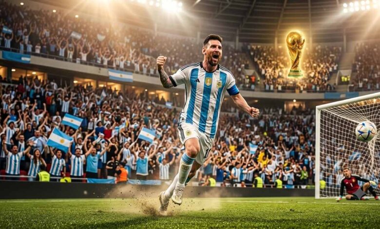 Lionel Messi celebrating after scoring a historic goal during the FIFA World Cup 2026