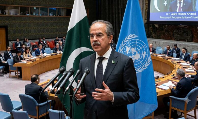 Pakistan's UN Ambassador Asim Iftikhar addressing the United Nations Security Council on Israel's E-1 settlement plan