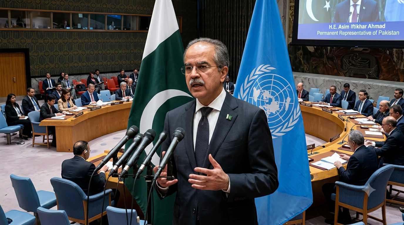 Pakistan's UN Ambassador Asim Iftikhar addressing the United Nations Security Council on Israel's E-1 settlement plan