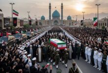 Funeral ceremony of former Iranian Supreme Leader Ali Khamenei at Jamkaran Mosque in Qom with thousands of mourners in attendance.