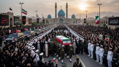 Funeral ceremony of former Iranian Supreme Leader Ali Khamenei at Jamkaran Mosque in Qom with thousands of mourners in attendance.