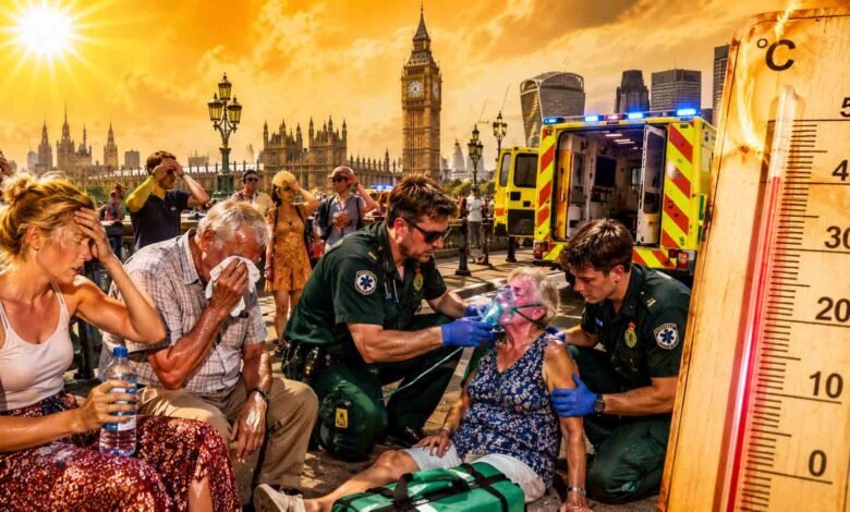 Emergency responders assisting people during an extreme heatwave in England as experts warn of thousands of heat-related deaths.