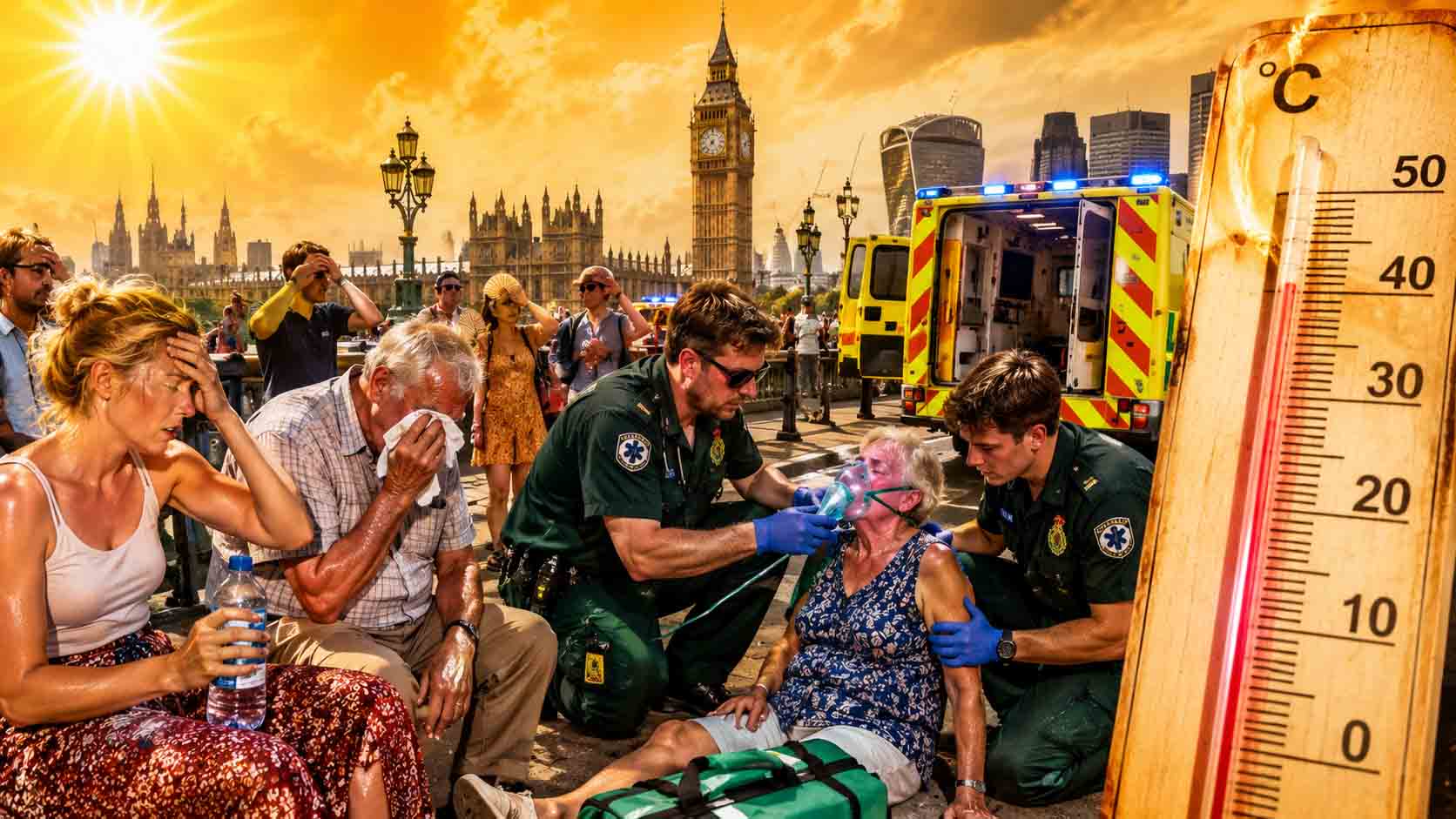 Emergency responders assisting people during an extreme heatwave in England as experts warn of thousands of heat-related deaths.