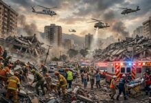 Rescue workers search through earthquake-damaged buildings in Venezuela after the devastating 7.2 and 7.5 magnitude earthquakes.