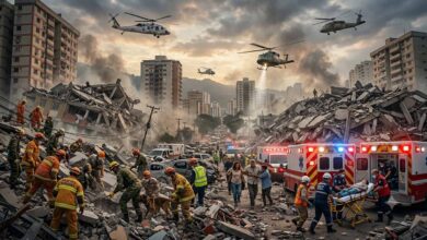 Rescue workers search through earthquake-damaged buildings in Venezuela after the devastating 7.2 and 7.5 magnitude earthquakes.
