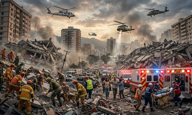 Rescue workers search through earthquake-damaged buildings in Venezuela after the devastating 7.2 and 7.5 magnitude earthquakes.